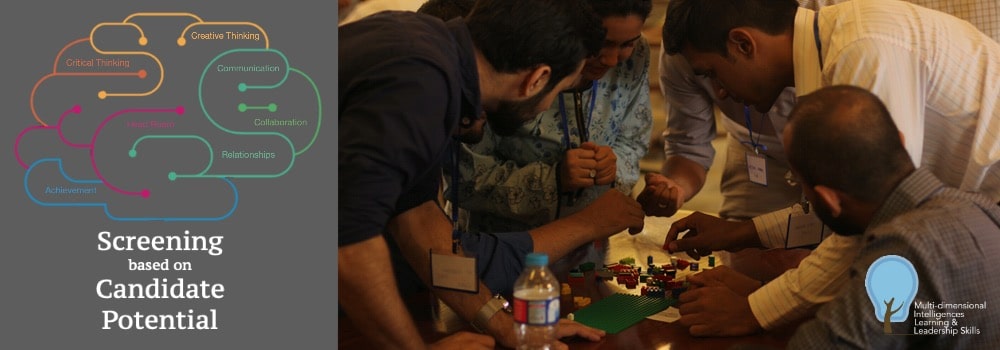 Candidates collaborate during Graduate Assessment Center team challenge, applying communication, problem-solving, and decision-making skills using LEGO-based pedagogy.