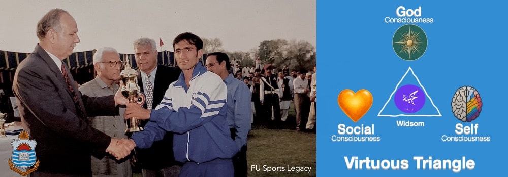 Lt. Gen. (R) Arshad Mahmood presenting a sports award at Punjab University alongside the Virtuous Triangle model showing God-consciousness, Self-consciousness, and Social-consciousness.